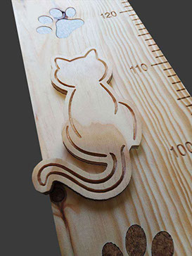 Centre de la toise avec un chat qui boude, tournant le dos, et des empreintes de pas incrustées dans le bois et le liège.