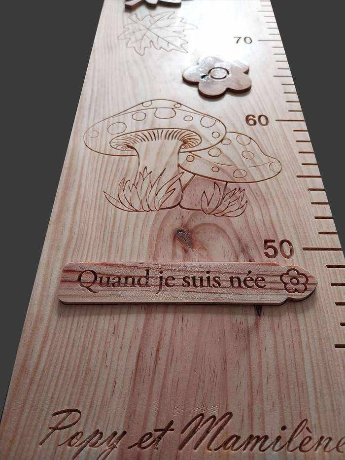 Toise forestière avec un champignon sculpté, des fleurs naturelles, la signature des grands-parents et plaquette naissance.