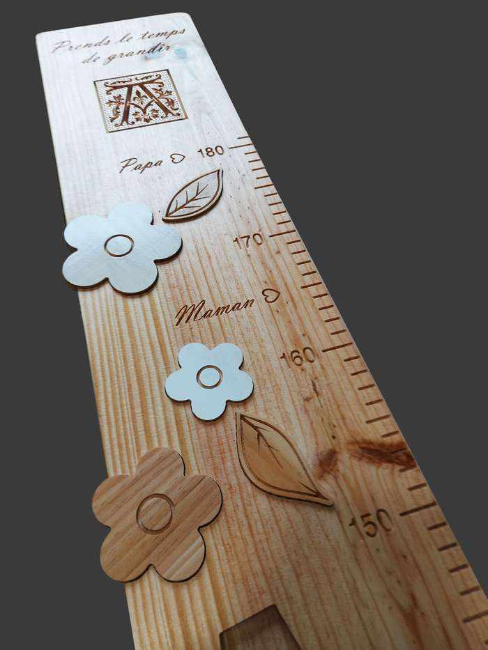 Vue élargie de la toise avec la lettrine celtique, la phrase prends le temps de grandir, des fleurs et feuilles naturelles.